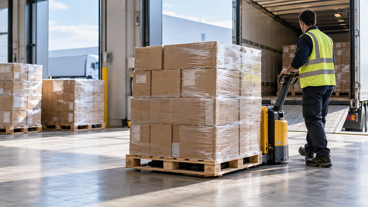 Illustrative pallet loading scene with wrapped consignments and an electric pallet jack.