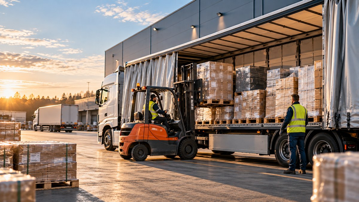 Palletised freight being loaded into a curtain-side trailer at a European logistics facility.