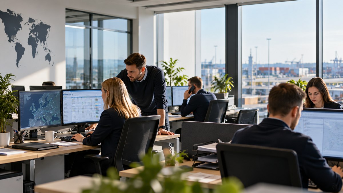 People reviewing shipment information in an illustrative logistics office.